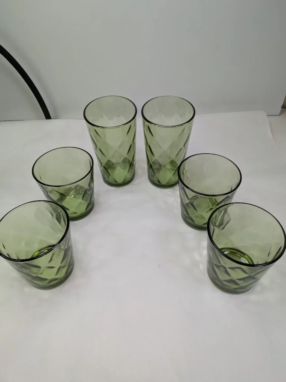 Vintage Indiana Glass Diamond Point Avocado Green Set of 6 - Pristine MCM